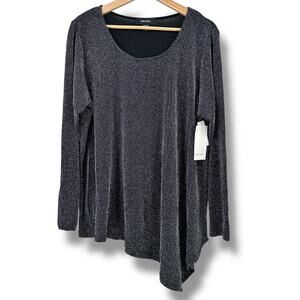 Karen Kane Metallic Sparkle Asymmetric Hem Shirt Plus Size 2X Black Silver